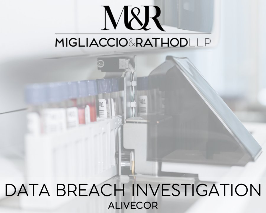 Graphic announcing the AliveCor data breach investigation featuring the Migliaccio & Rathod LLP logo and a background image of medical devices.