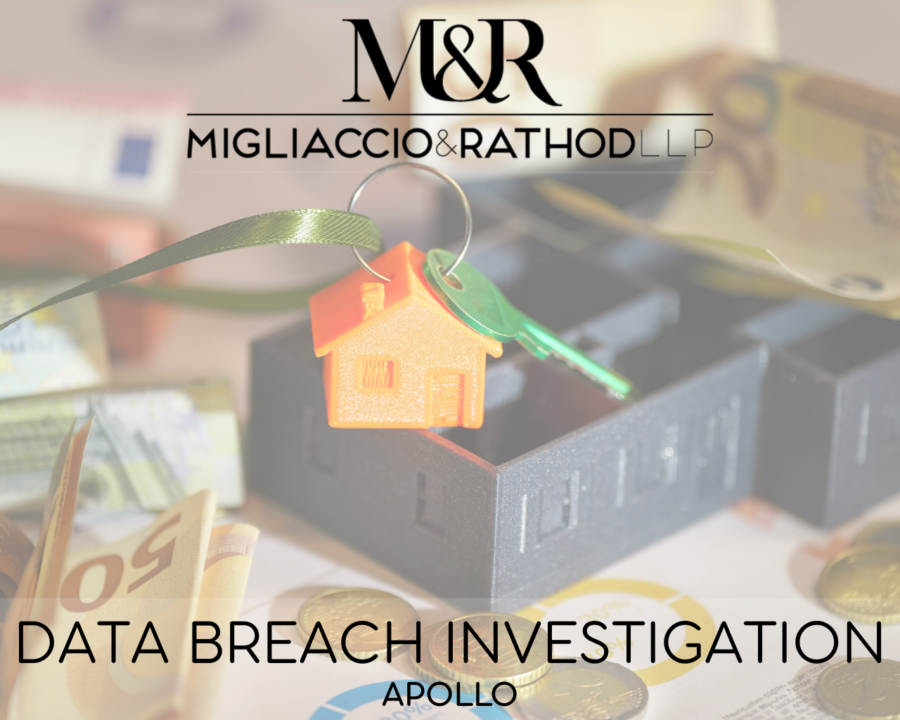Graphic announcing the Apollo data breach investigation, featuring the Migliaccio & Rathod LLP logo and a background image of cash, keys, and real estate investment.