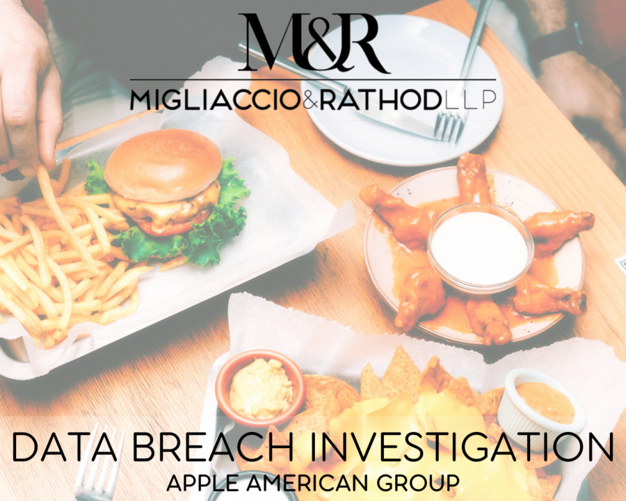Graphic announcing the Apple American Group data breach investigation, featuring the Migliaccio & Rathod LLP logo and a background image of American food and burgers on a table.