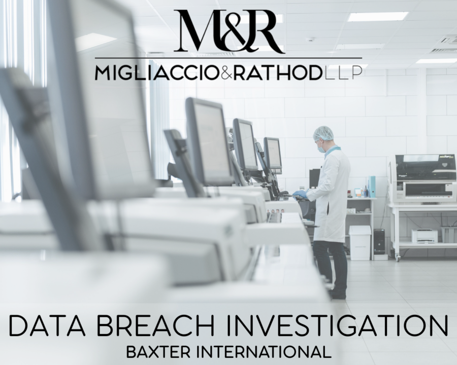 Graphic announcing the Baxter International data breach investigation, featuring the Migliaccio & Rathod LLP logo and a background image of devices at a medical facility.