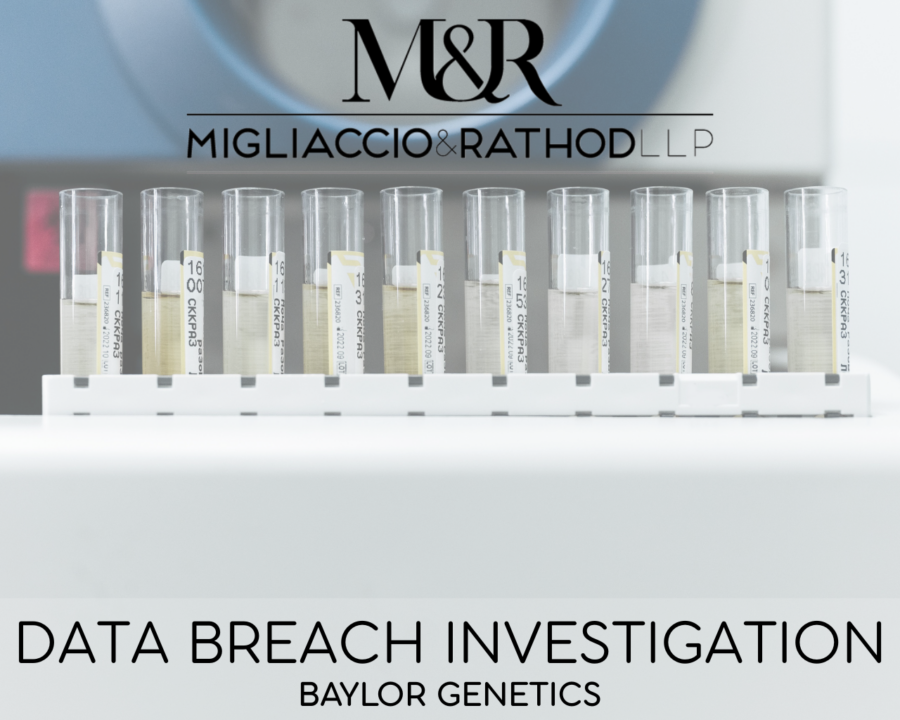 Graphic announcing the Baylor Genetics data breach investigation, featuring the Migliaccio & Rathod LLP logo and a background image of test tubes.