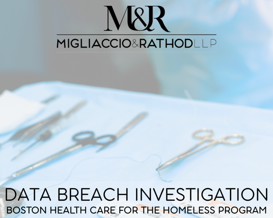 Graphic announcing the Boston Health Care for the Homeless Program data breach investigation featuring the Migliaccio & Rathod LLP logo and a background image of medical supplies.