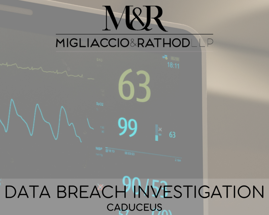 Graphic announcing the Caduceus Medical Group data breach investigation, featuring the Migliaccio & Rathod LLP logo and a background image of a medical monitor showing heart rate.