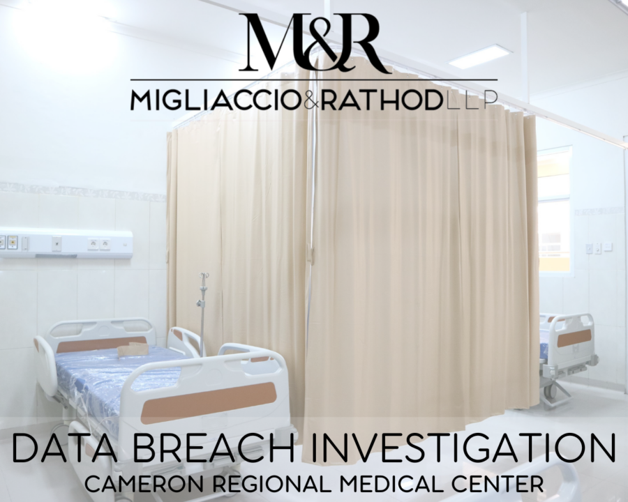 Graphic announcing the Cameron Regional Medical Center data breach investigation featuring the Migliaccio & Rathod LLP logo and a background image of a hospital room.