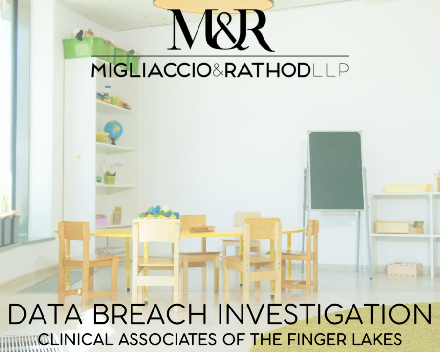 Graphic announcing the Clinical Associates of the Finger Lakes data breach investigation, featuring the Migliaccio & Rathod LLP logo and a background image of an empty children's classroom.
