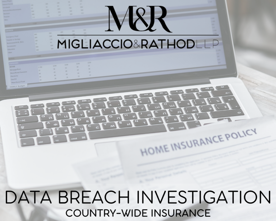 Graphic announcing the Country-Wide Insurance data breach investigation, featuring the Migliaccio & Rathod LLP logo and a background image of a laptop and a home insurance policy.