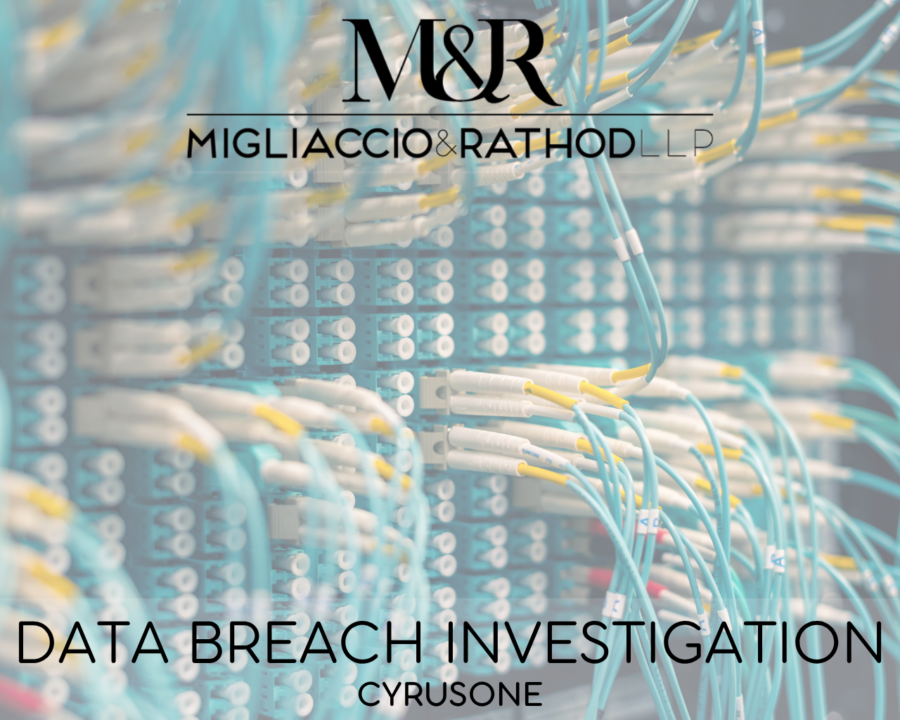 Graphic announcing the CyrusOne data breach investigation, featuring the Migliaccio & Rathod LLP logo and a background image of data network cables connected to a panel.