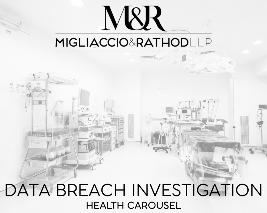 Graphic announcing the Health Carousel data breach investigation featuring the Migliaccio & Rathod LLP logo and a background image of a hospital room.