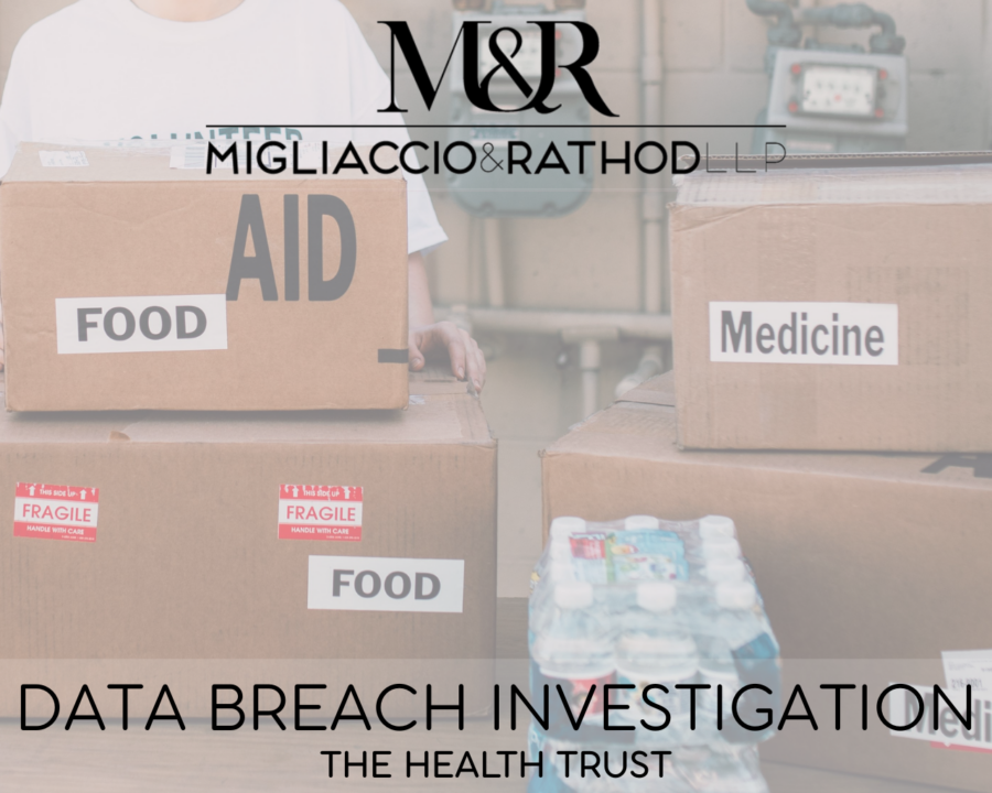 Graphic announcing the Health Trust data breach investigation, featuring the Migliaccio & Rathod LLP logo and a background image of boxes of food and medicine.