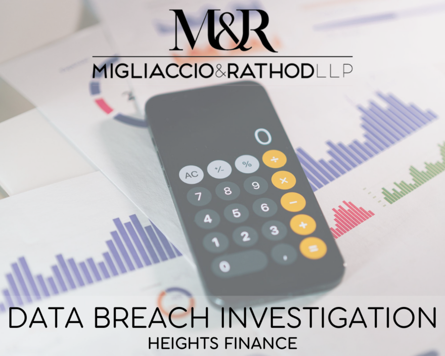 Graphic announcing the Heights Finance data breach investigation, featuring the Migliaccio & Rathod LLP logo and a background image of a calculator and papers with graphs.