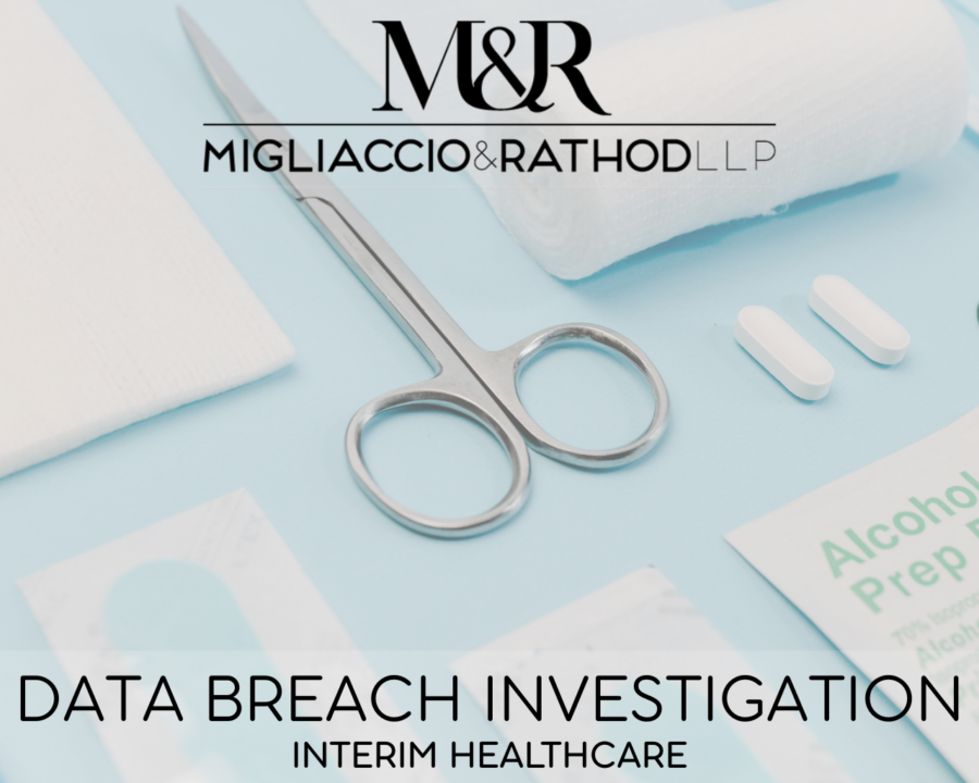 Graphic announcing the Interim HealthCare data breach investigation featuring the Migliaccio & Rathod LLP logo and a background image of medical supplies.