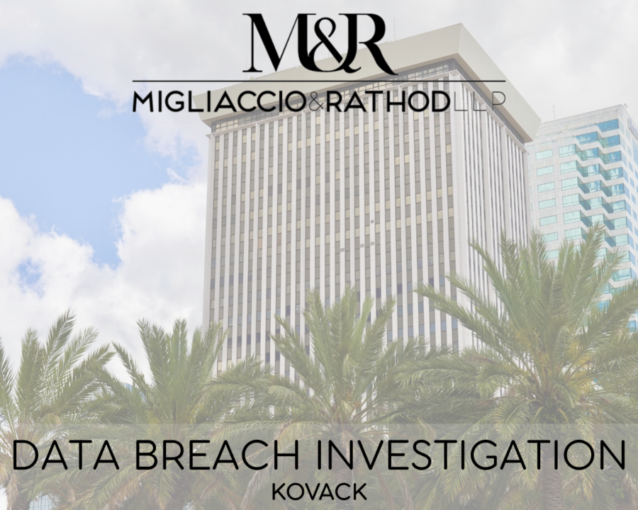 Graphic announcing the Kovack data breach investigation, featuring the Migliaccio & Rathod LLP logo and a background image of a building and palm trees.