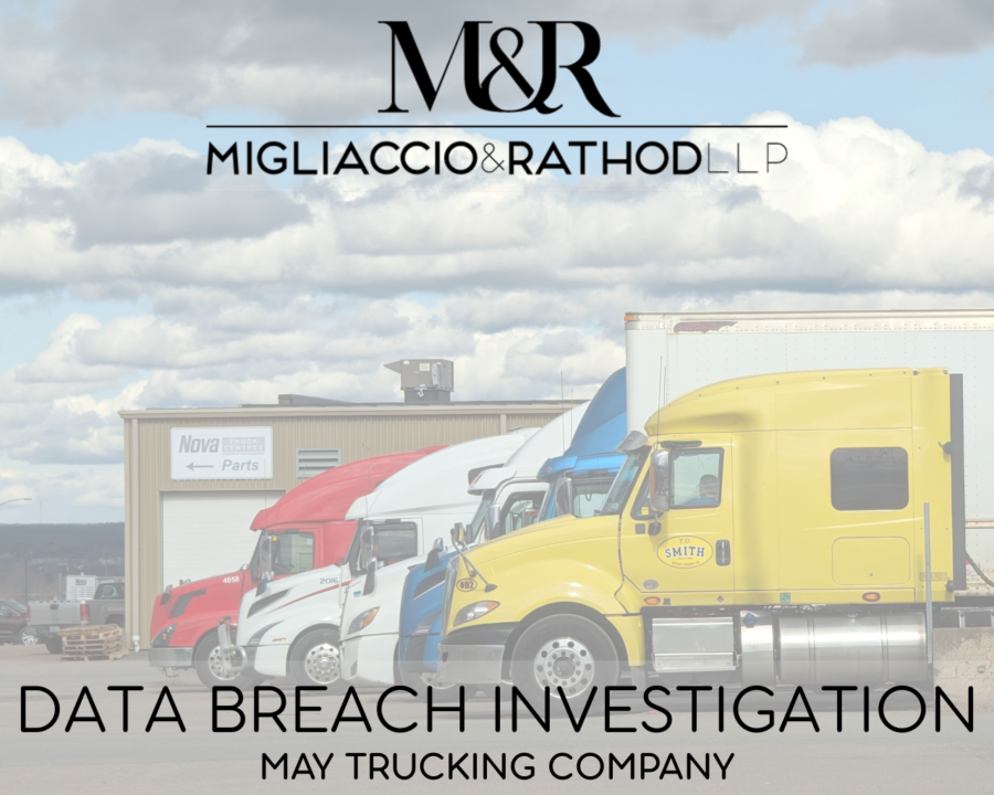 Graphic announcing the May Trucking Company data breach investigation, featuring the Migliaccio & Rathod LLP logo and a background image of several trucks.