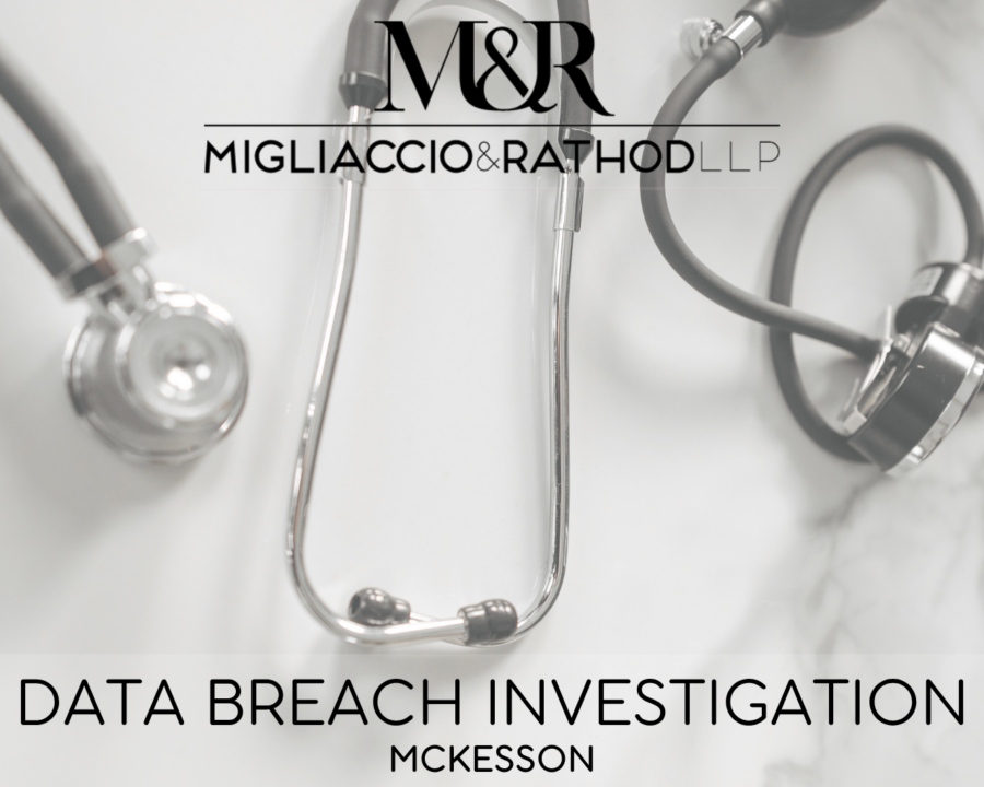 Graphic announcing the McKesson data breach investigation, featuring the Migliaccio & Rathod LLP logo and a background image of medical tools.