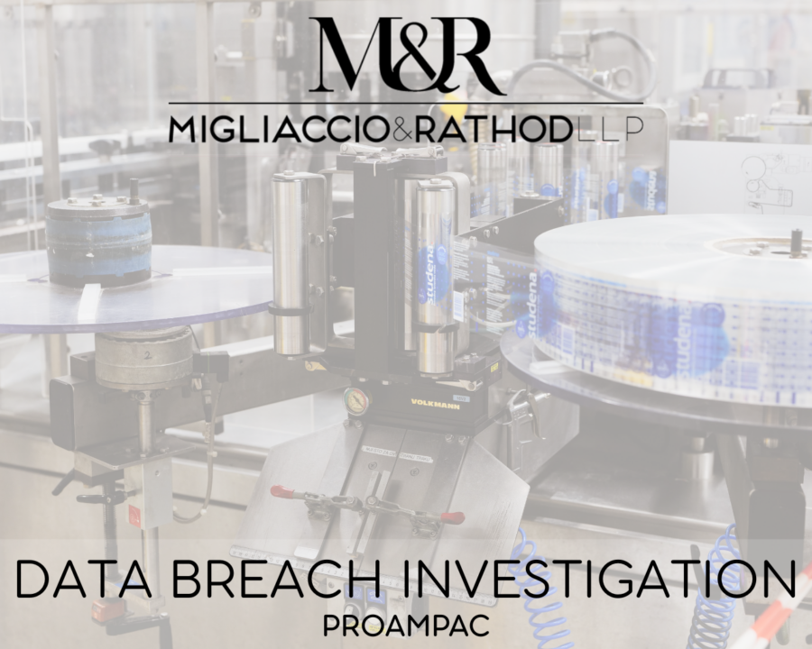 Graphic announcing the ProAmpac data breach investigation, featuring the Migliaccio & Rathod LLP logo and a background image of can manufacturing.