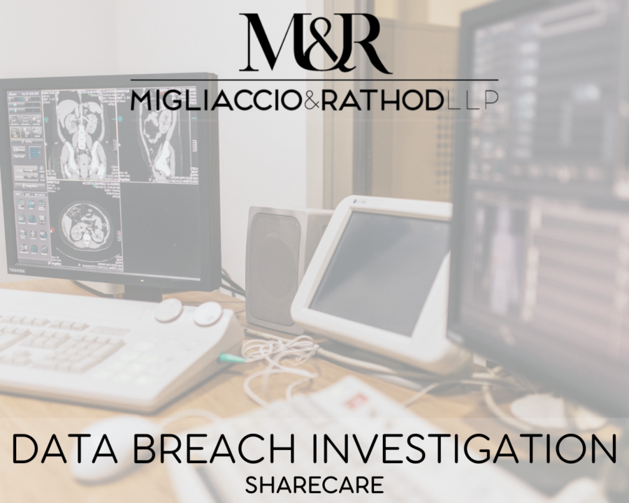 Graphic announcing the Sharecare data breach investigation, featuring the Migliaccio & Rathod LLP logo and a background image of medical screens showing x-rays.