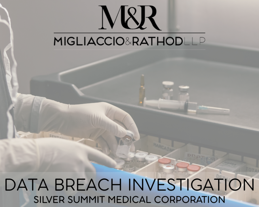 Graphic announcing the Silver Summit Medical Corporation data breach investigation, featuring the Migliaccio & Rathod LLP logo and a background image of a medical professional handling medical test tubes.