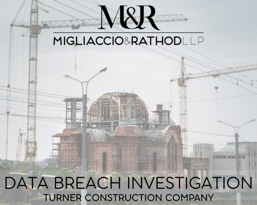 Graphic announcing the Taylor Construction Company data breach investigation, featuring the Migliaccio & Rathod LLP logo and a background image of construction.