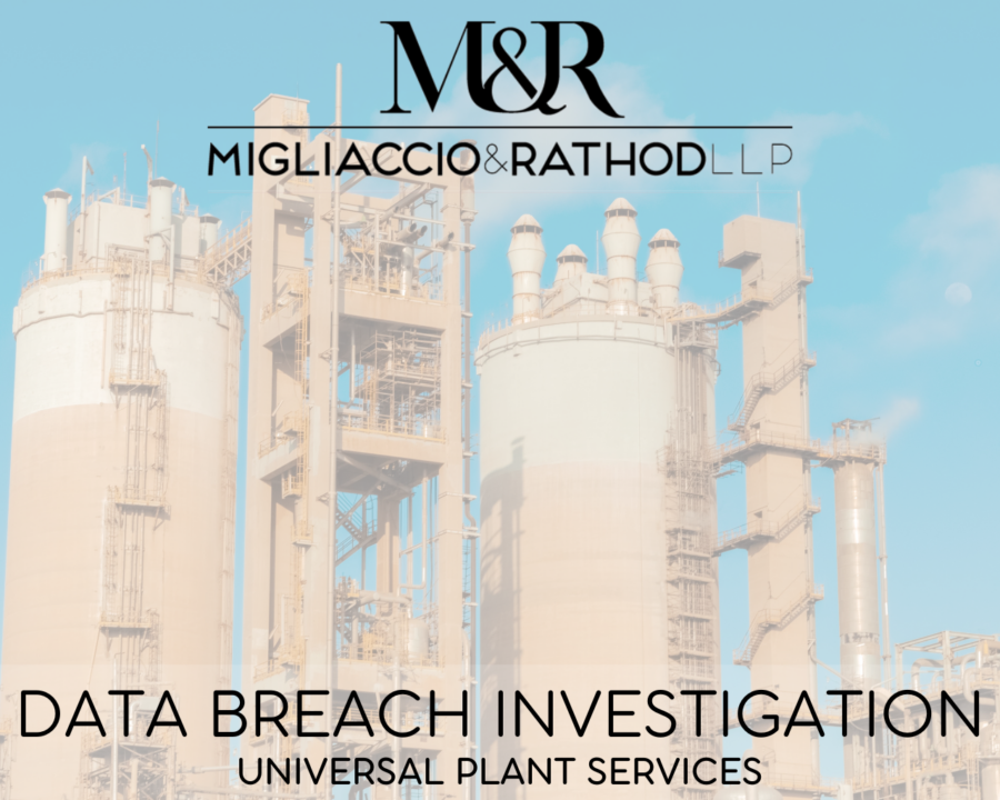 Graphic announcing the Universal Plant Services data breach investigation featuring the Migliaccio & Rathod LLP logo and a background image of an industrial plant.