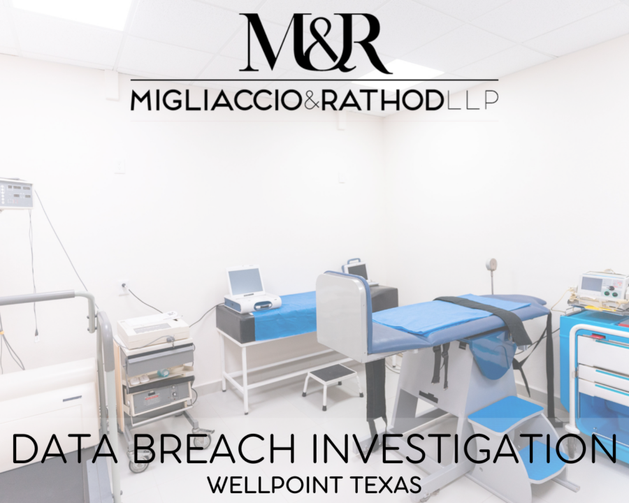 Graphic announcing the WellPoint Texas data breach investigation featuring the Migliaccio & Rathod LLP logo and a background image of a hospital room.