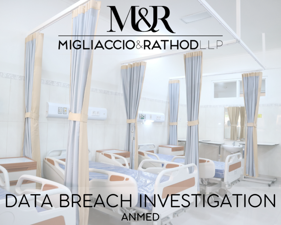 Graphic announcing the AnMed data breach investigation featuring the Migliaccio & Rathod LLP logo and a background image of hospital beds.