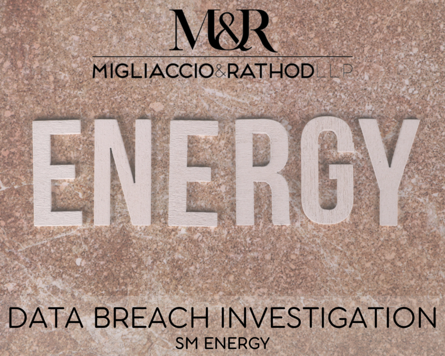 Graphic announcing the SM Energy data breach investigation featuring the Migliaccio & Rathod LLP logo and a background image of the word "ENERGY".