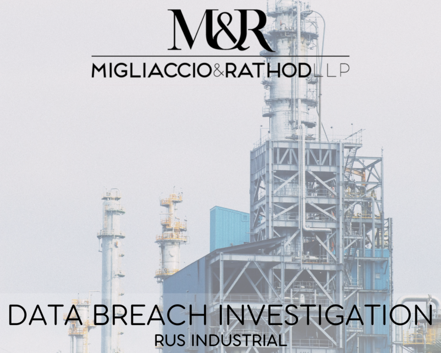 Graphic announcing the RUS Industrial data breach investigation featuring the Migliaccio & Rathod LLP logo and a background image of a building under construction.