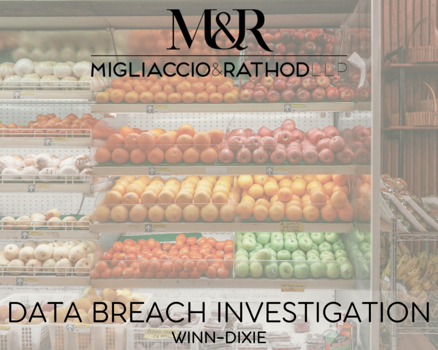 Graphic announcing the Winn-Dixie data breach investigation featuring the Migliaccio & Rathod LLP logo and a background image of fruit in a grocery store.