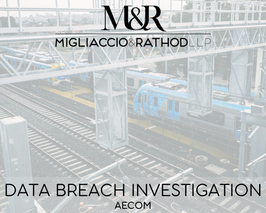 Graphic announcing the AECOM data breach investigation, featuring the Migliaccio & Rathod LLP logo and a background image of transportation infrastructure.