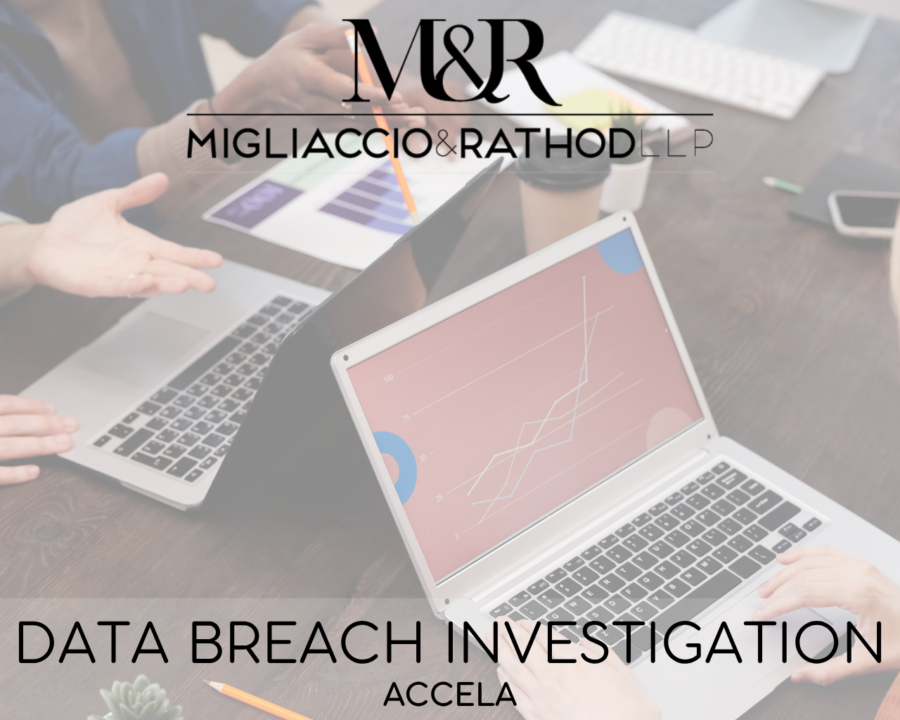 Graphic announcing the Accela data breach investigation, featuring the Migliaccio & Rathod LLP logo and a background image of people working on laptops.