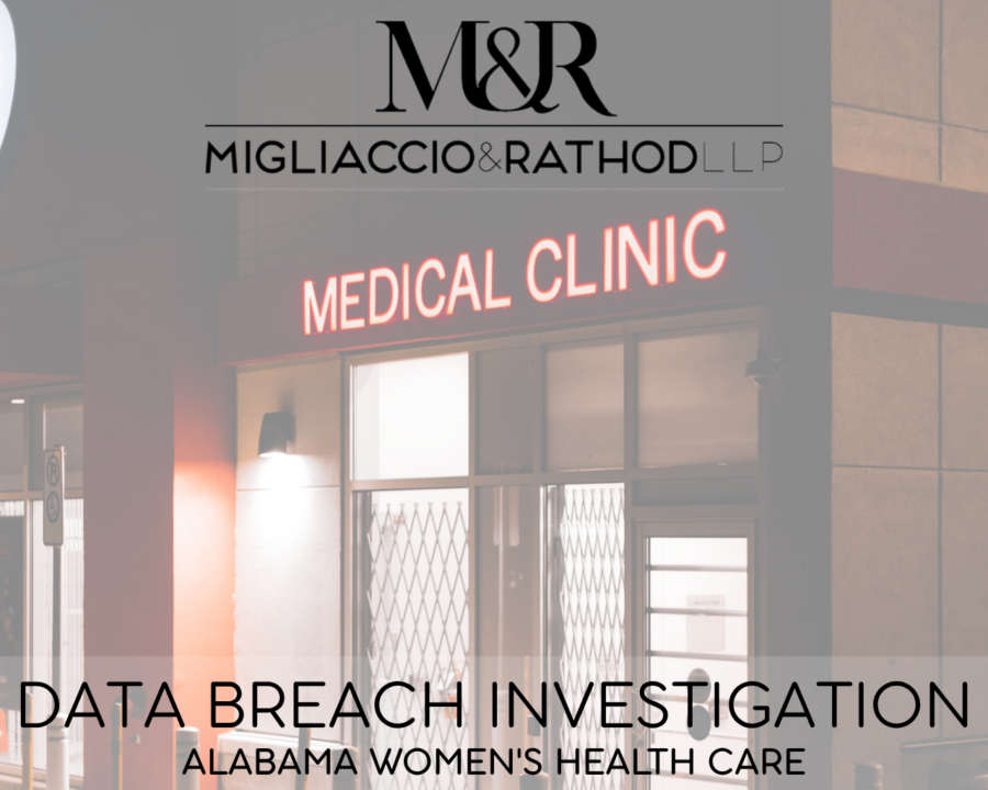 Graphic announcing the Alabama Women's Health Care data breach investigation, featuring the Migliaccio & Rathod LLP logo and a background image of a medical clinic.