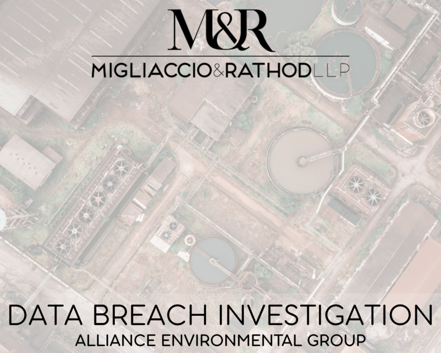 Graphic announcing the Alliance Environmental Group data breach investigation, featuring the Migliaccio & Rathod LLP logo and a background image of an industrial facility.