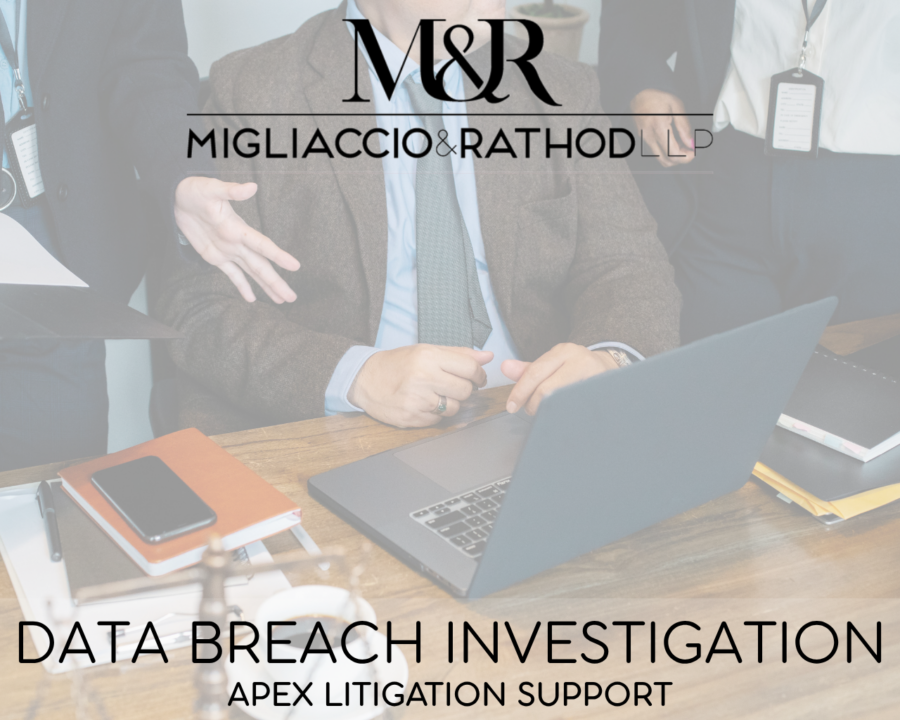 Graphic announcing the Apex Litigation Support data breach investigation, featuring the Migliaccio & Rathod LLP logo and a background image of professionals sitting around a laptop.