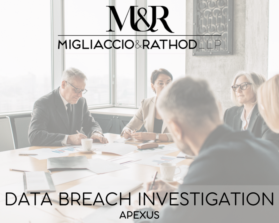 Graphic announcing the Apexus data breach investigation, featuring the Migliaccio & Rathod LLP logo and a background image of professionals sitting around a table.
