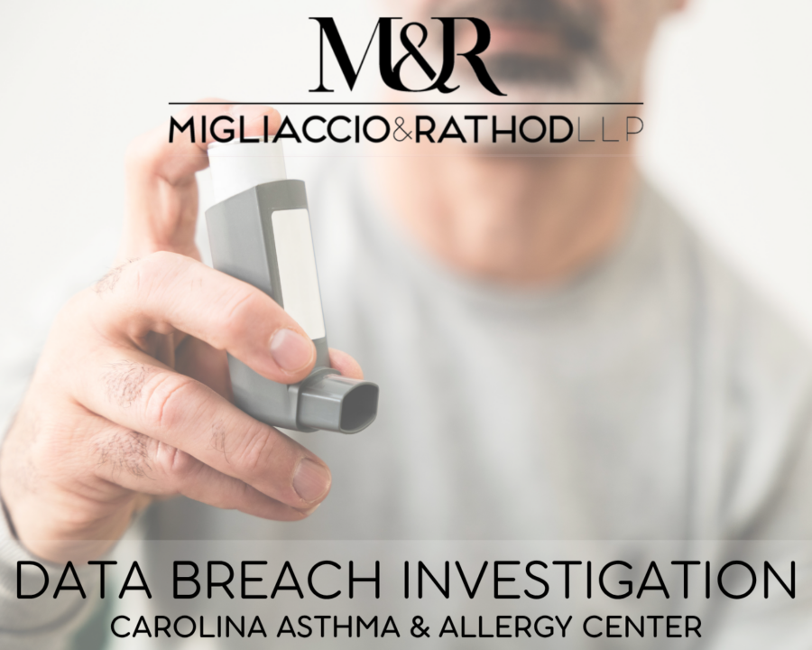 Graphic announcing the Carolina Asthma & Allergy Center data breach investigation, featuring the Migliaccio & Rathod LLP logo and a background image of a man holding an inhaler.