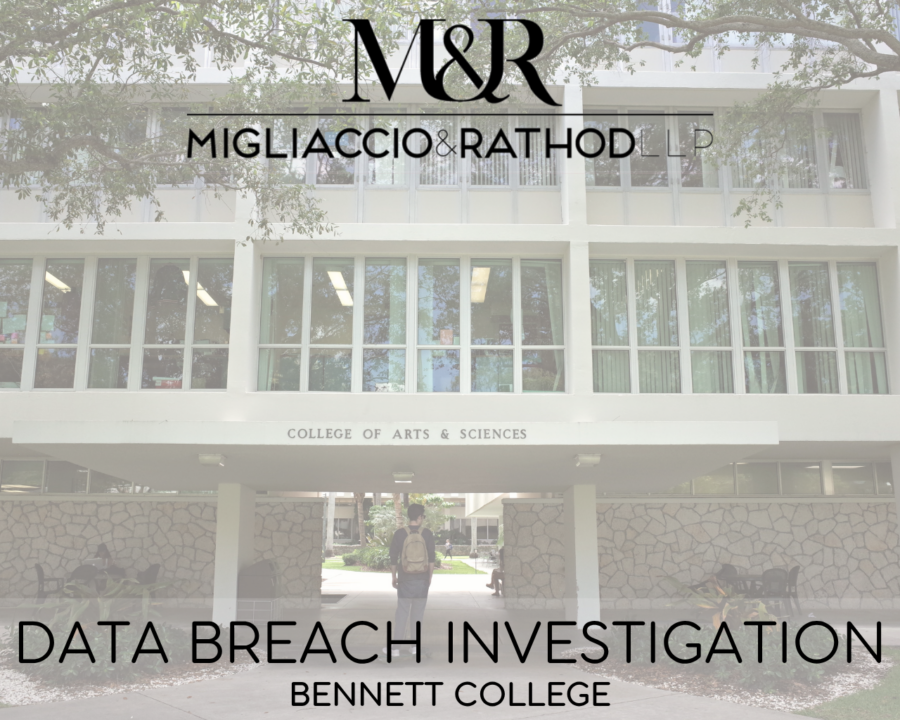 Graphic announcing the Bennett College data breach investigation, featuring the Migliaccio & Rathod LLP logo and a background image of a college campus.