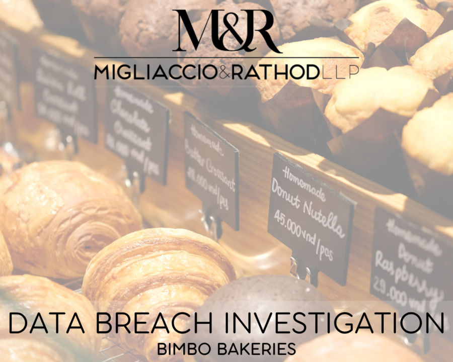 Graphic announcing the Bimbo Bakeries data breach investigation, featuring the Migliaccio & Rathod LLP logo and a background image of baked goods.