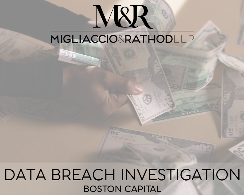 Graphic announcing the Boston Capital data breach investigation, featuring the Migliaccio & Rathod LLP logo and a background image of people handing cash.