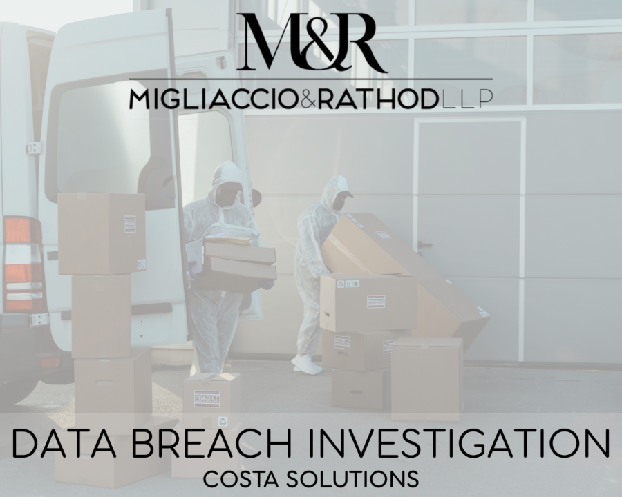 Graphic announcing the Costa Solutions data breach investigation, featuring the Migliaccio & Rathod LLP logo and a background image of people unloading boxes.