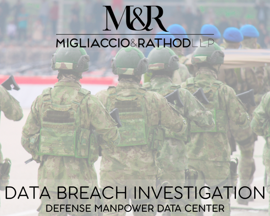 Graphic announcing the Defense Manpower Data Center data breach investigation, featuring the Migliaccio & Rathod LLP logo and a background image of military soldiers.