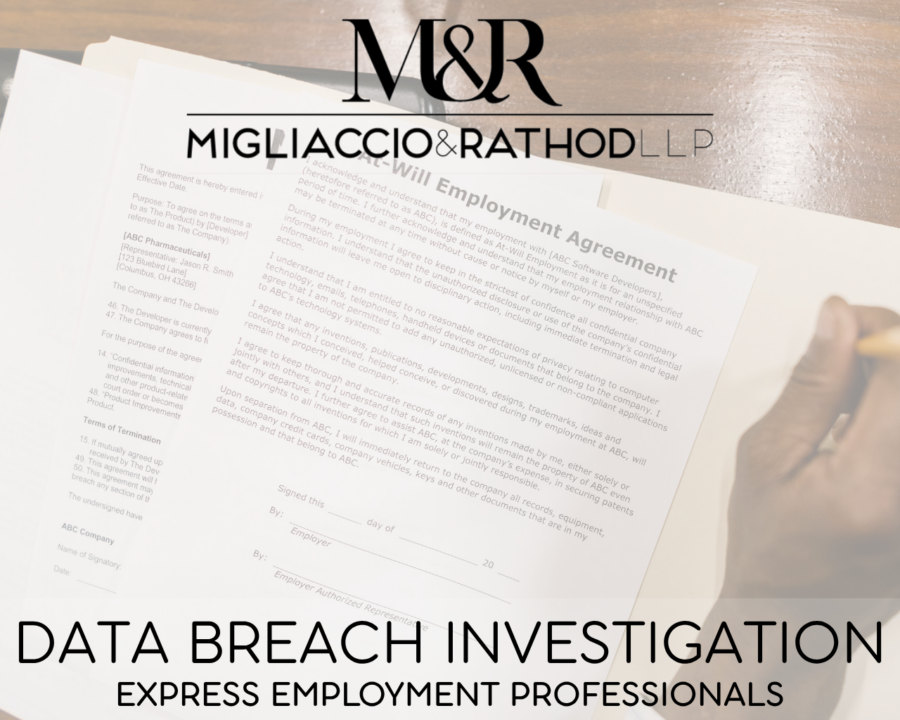 Graphic announcing the Express Employment Professionals data breach investigation, featuring the Migliaccio & Rathod LLP logo and a background image of a document saying "at-will employment".