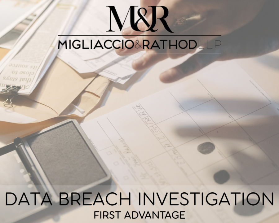 Graphic announcing the First Advantage data breach investigation, featuring the Migliaccio & Rathod LLP logo and a background image of someone getting fingerprinted.
