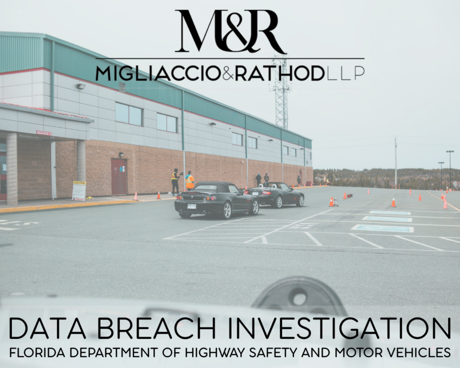 Graphic announcing the Florida Department of Highway Safety and Motor Vehicles data breach investigation, featuring the Migliaccio & Rathod LLP logo and a background image of cars in a parking lot.