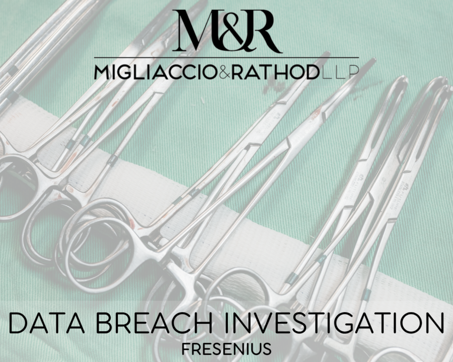 Graphic announcing the Fresenius data breach investigation, featuring the Migliaccio & Rathod LLP logo and a background image of medical scissors.