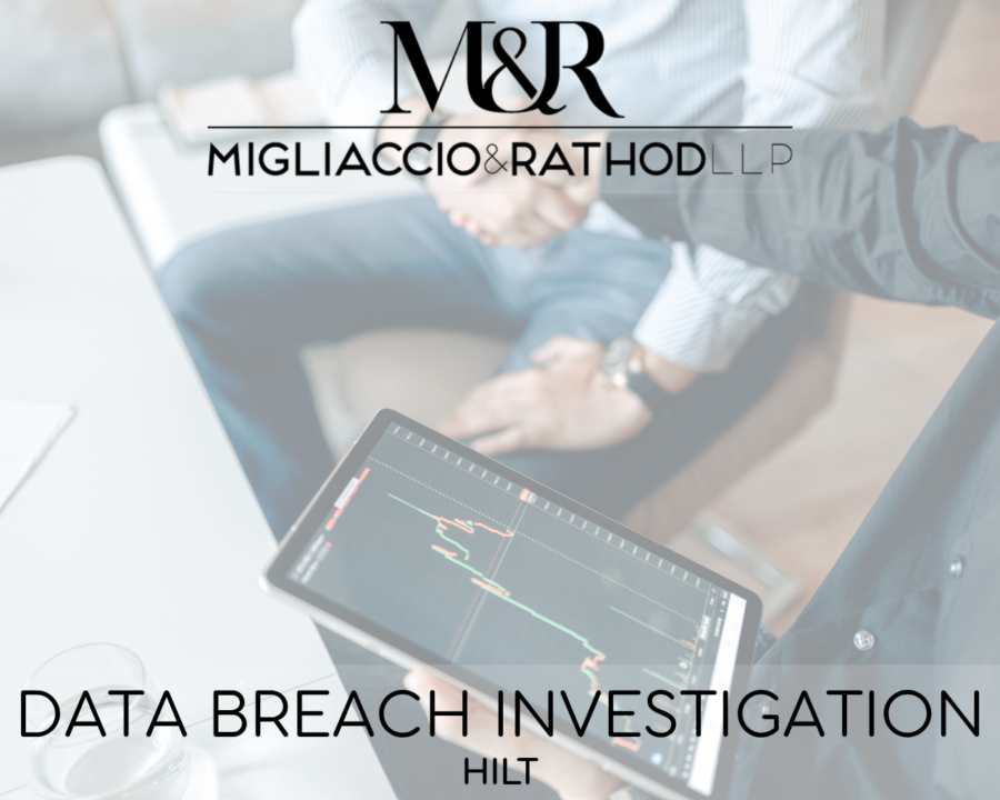 Graphic announcing the HILT data breach investigation, featuring the Migliaccio & Rathod LLP logo and a background image of two people shaking hands over a financial graph on a tablet.