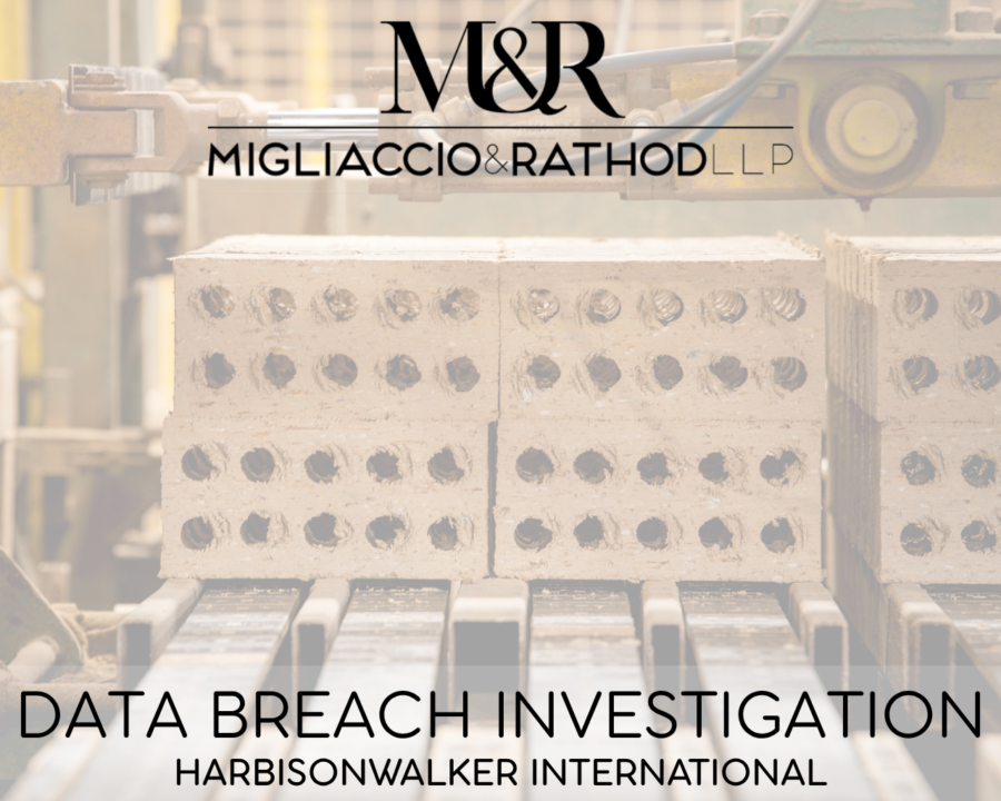 Graphic announcing the HarbisonWalker International data breach investigation, featuring the Migliaccio & Rathod LLP logo and a background image of brick manufacturing.