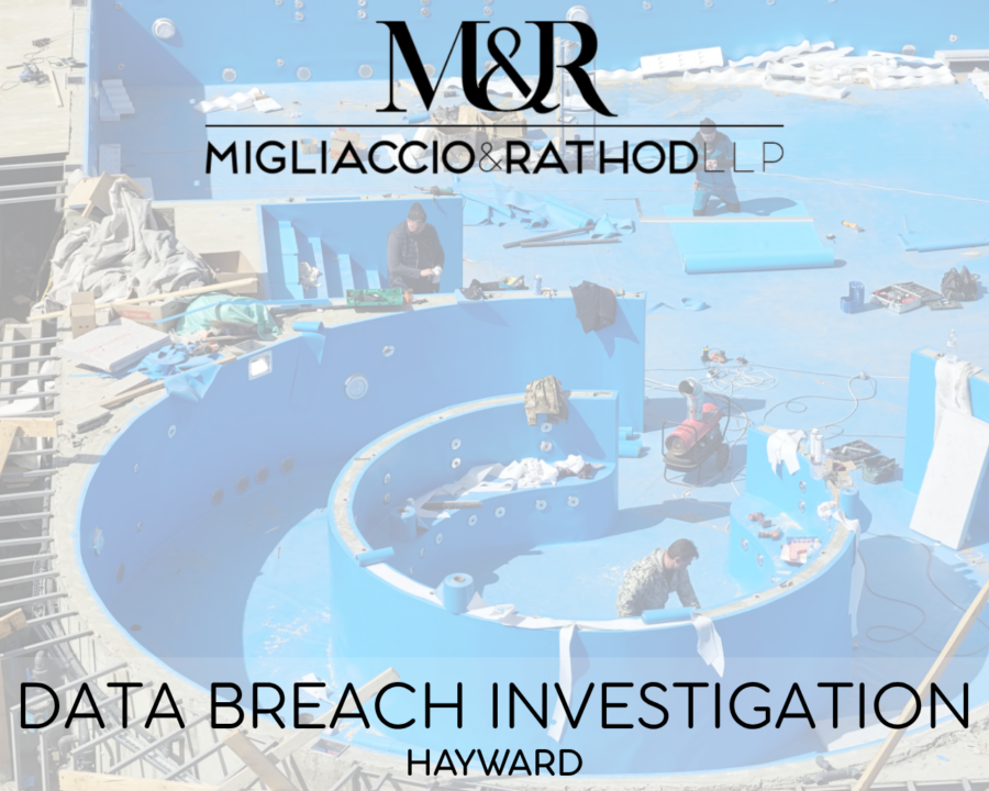 Graphic announcing the Hayward data breach investigation, featuring the Migliaccio & Rathod LLP logo and a background image of pool construction.