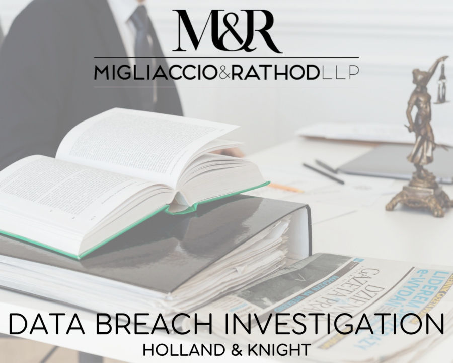 Graphic announcing the Holland & Knight data breach investigation, featuring the Migliaccio & Rathod LLP logo and a background image of law books and a paperweight on a desk.