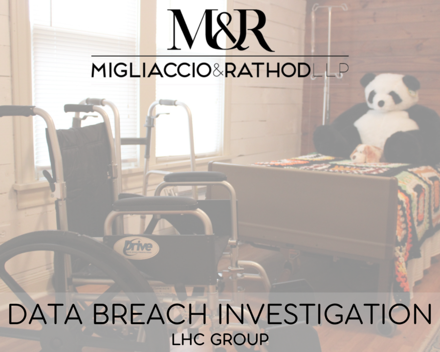 Graphic announcing the LHC Group data breach investigation, featuring the Migliaccio & Rathod LLP logo and a background image of a hospice room with a wheelchair and stuffed animal.