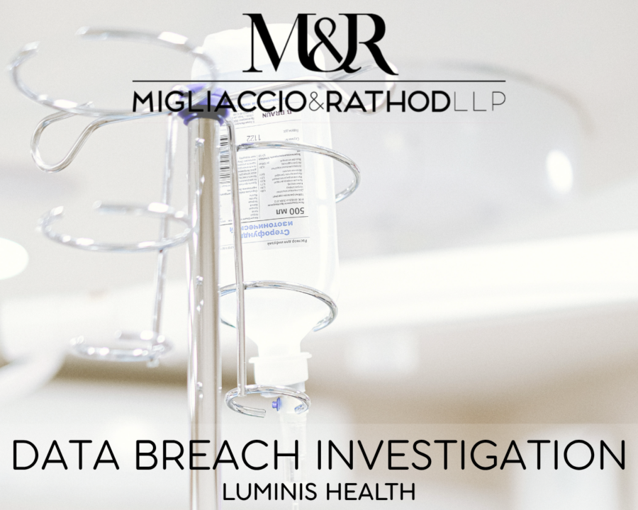 Graphic announcing the Luminis Health data breach investigation, featuring the Migliaccio & Rathod LLP logo and a background image of an IV drip at a hospital.